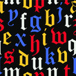 © bekulnis - Seamless gothic, medieval style font vector pattern with colorful letters on black background. Gift wrapping paper, interior, cloth, fabric or web design.