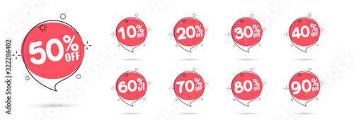 Fotomural Sale tags set vector badges template, 10 off, 20 %, 90, 80, 30, 40, 50, 60, 70 percent sale label symbols, discount promotion flat icon with long shadow