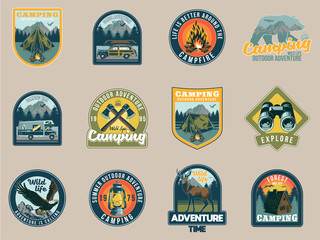 Set collection of vintage camping travel  badges