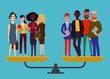 Businessmen and businesswomen stand on weighing machine and are even, gender equality concept, men and women are equal. Workplace diversity. Modern flat vector illustration.