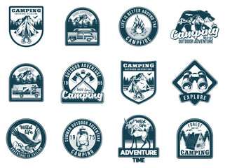 set collection of vintage camping travel badges