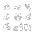 Hand care and treatment vector icons set line style