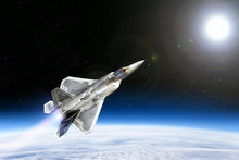 Modern Military Fighter Jet Aircraft Flying High In Stratosphere Against Blue Clouds Earth And Black Space Sky With Stars Background. Aerial Top Down View Of Supersonic Warbird. No NASA Images Used
