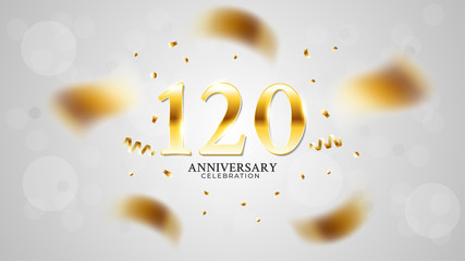 120th anniversary celebration with gold color and white background bokeh effects and sparkling confetti. modern elegant design can be used for a wedding or company. editable vector EPS 10