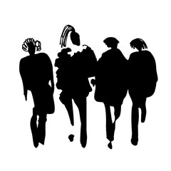 Hand drawn illustration: group of people. Four full-length women. Vector.