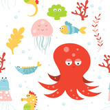 Fototapeta Dinusie - Sea life seamless pattern with cute octopus, jellyfish, seahorse and fishes. Vector Illustration. Great for wallpaper, baby clothes, greeting card, wrapping paper.