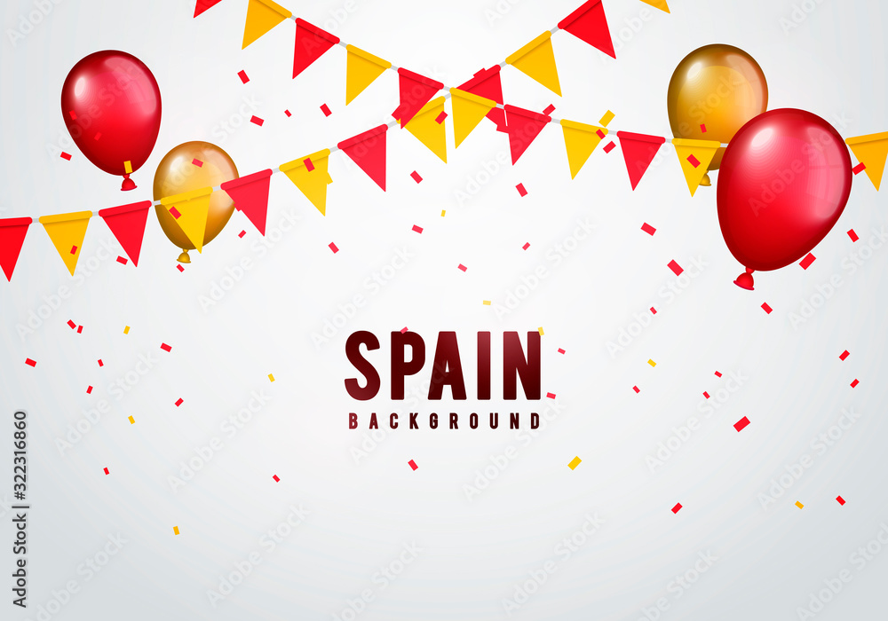 Vector Illustration spain garland flag with confetti and balloons for spanish celebration template banner. - obrazy, fototapety, plakaty 