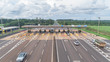 Aerial image highway toll plaza and speed limit, view of automatic paying lanes, non-stop.
