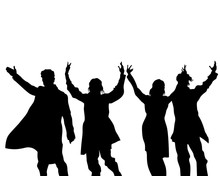Artists On Stage Dance And Raise Their Hands Up. Isolated Silhouettes On A White Background