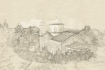 Wall Mural - Sketch of monastery of Agios Ioannis inside Koroni fortress