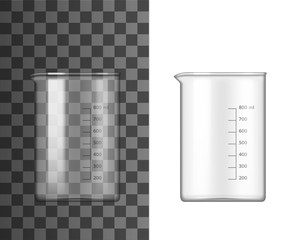 Glass beaker lab glassware 3d vector design of chemistry and science equipment. Chemical laboratory measuring container, flask or test tube with spout and measuring scale markup. Research themes