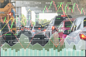 Stock financial index of successful investment on car sale cause traffic jam and transportation problem shown with chart and graph background.