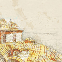 Wall Mural - Sketch of  Byzantine church in medieval city of Mystras