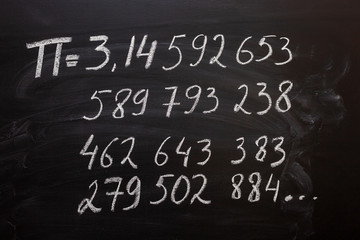 number pi handwritten with white chalk on a blackboard