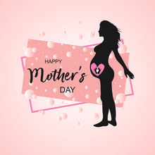 Abstract Modern Graphic Design Element For Happy Mother's Day Invitation. Pink Color Banner With Pregnant Woman In Frame. Vector Template For Flyer, Poster Presentation, Best Mom Greeting Card.