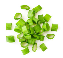 Pile Of Sliced Green Onion Leaves On A White Background. The View Of The Top.