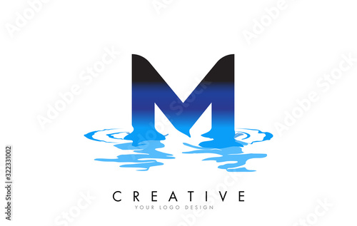 Cuadros en Lienzo M Letter Logo Design with Water Effect and Deep Blue Gradient Vector Illustration