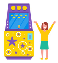 Young Girl In Green Skirt Playing Arcade Machine With Stars And Rocket Isolated On White. Smiling Woman With Hands Up Celebrating Victory In Retro Game