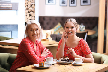 Wall Mural - Mother and her adult daughter spending time together in cafe