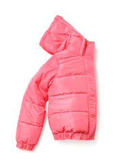 Pink warm women's jacket isolated on white, top view