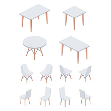 Set Kitchen Tables And Chairs. Vector 3d Isometric, Color Web Icon, New Flat Style. Creative Illustration Design, Idea For Infographics.