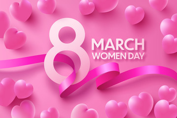 Wall Mural - 8 march women's day Poster or banner with sweet hearts and ribbon on pink background.Promotion and shopping template or background for Love and women's day concept