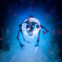 dive into the unknown / 3d illustration of science fiction scene showing male astronaut exploring al