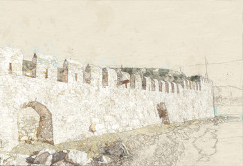 Wall Mural - Sketch of  seashore fortress of Nafpaktos, Greece