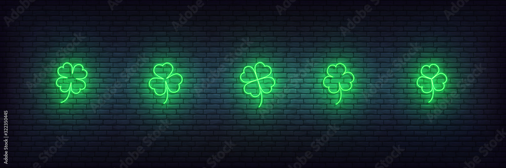 Clover neon icons for Saint Patricks Day. Set of green Irish shamrock icons for Saint Patrick's Day - obrazy, fototapety, plakaty 