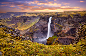  Panoramic view of Haifoss waterfall on the Fossa river near the volcano Hekla, one of the four highest waterfalls in the island with a height of 122 meters in Southwest Iceland, Scandinavia, Europe.