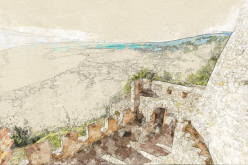 Wall Mural - Sketch of  breathtaking view from the walls of fortress of Nafpaktos, Greece 05 JAN 2018