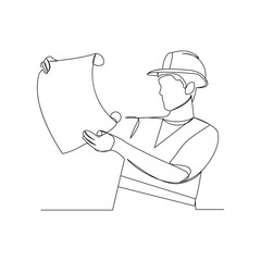 Wall Mural - Continuous line drawing of cunstruction worker with blue print paper. One line art of architect hold design paper of building. Vector illustration.