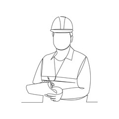 Continuous line drawing of cunstruction worker with blue print paper. One line art of architect hold design paper of building. Vector illustration.