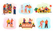 © robu_s - Family of two spending time together at home. Life of young couple. Set of lifestyle pictures where man and woman doing everyday things. Daily domestic duties. Vector illustration in flat style