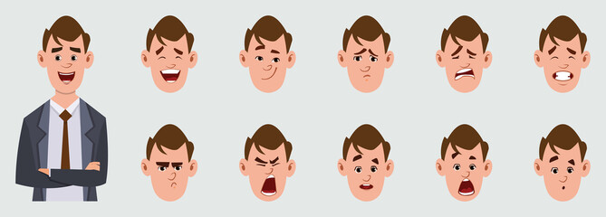 cute  businessman cartoon character with different facial expression set.  different facial emotions for custom animation.