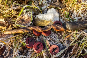 Scandinavian runes and a magic wand on the grass covered with hoarfrost