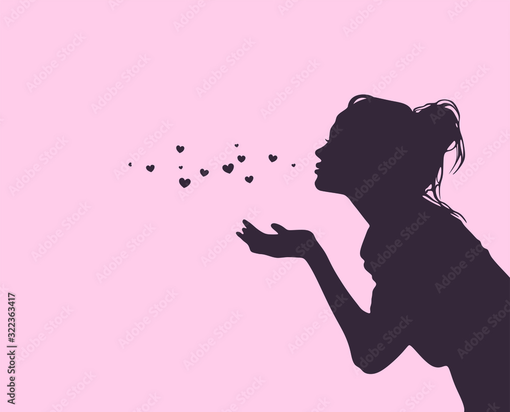 Pretty girl sending air hearts kiss brown silhouette isolated on pink background.Woman profile stencil drawing.Beautiful lady vector illustration .Wall print.Vinyl decal.Valentine's day decoration. - obrazy, fototapety, plakaty 