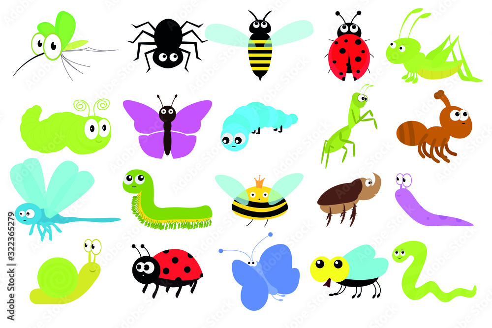 Insect icon set. Kawaii Ladybug, Mosquito, Butterfly, rhinoceros beetle ...