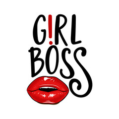 Girl Boss text with sexy red lips. Brush calligraphy isolated on white background. Feminism slogan with hand drawn lettering. Print for poster, card.