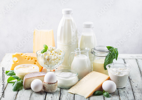 Cuadros en Lienzo Fresh dairy products, milk, cottage cheese, eggs, yogurt, sour cream and butter