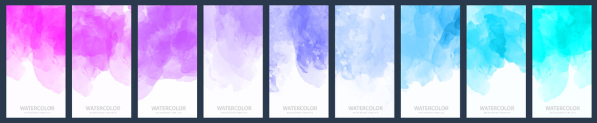Wall Mural - Set of light pink, purple, blue and cyan gradient vector watercolor vertical backgrounds for poster, banner or flyer