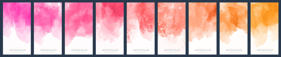 Wall Mural - Set of light purple, red and orange gradient vector watercolor vertical backgrounds for poster, banner or flyer