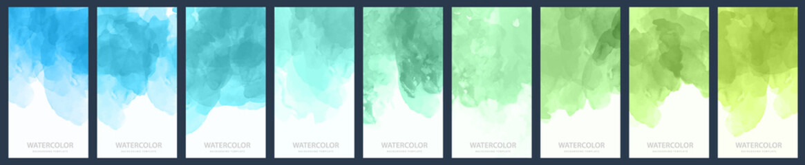 Wall Mural - Set of light green-blue gradient vector watercolor vertical backgrounds for poster, banner or flyer