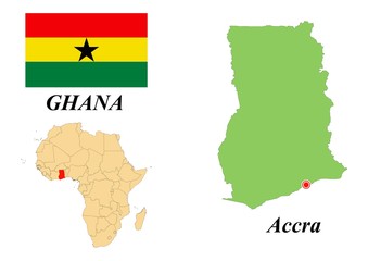  Republic of Ghana. Capital Of Accra. Flag Of Ghana. Map of the continent of Africa with country borders. Vector graphics.