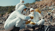 © Fractal Pictures - Ecological catastrophe. Ecology experts smart men inspecting trash samplings in test tubes work on polluted ground. Large disposal site, dangerous place.