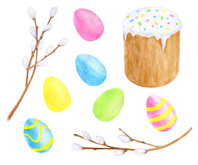 Watercolor traditional Easter cake with ising sugar, colored eggs and pussy willow branches set. Hand drawn illustration isolated on white background. Clipart elements for cards, decoration, design.