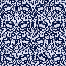 Indigo Blue Block Print Damask Dyed  Texture Background. Seamless Woven  Japanese Repeat Batik Pattern Swatch. Wrinkled Organic Distressed Block Print Cotton Cloth. Asian All Over Kimono Textile. 