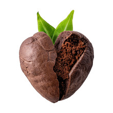 Heart Shaped Coffee Bean With Green Leaves On A White Isolated Background. Close-up. Coffeemania.