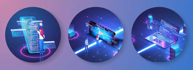 Wall Mural - programmer at work concept banner. software, web development, programming concept. computer animatio