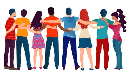 Poster - Group of people of different culture seen from behind embracing each other.Cooperation and help between people.Care and assistance.Concept of solidarity friendship and charity.Community